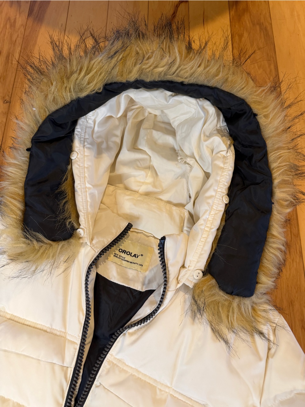 Orolay Women’s Down Puffer Coat Cream Faux Fur Hood Winter Jacket Warm Coat - Picture 3 of 17